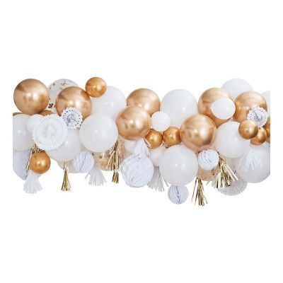 Backdrop Ballonger&Pappersfjädrar Guld/Vit