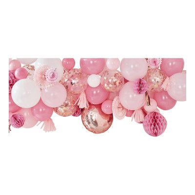 Backdrop Ballonger&Pappersfjädrar Vit/Rosa/Roséguld