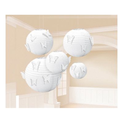 Papperslyktor Vita med Fjärilar - 5-pack