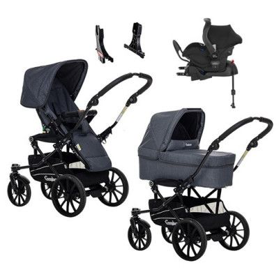 Emmaljunga Super Viking duovagn, jeans navy + primo babyskydd + bas