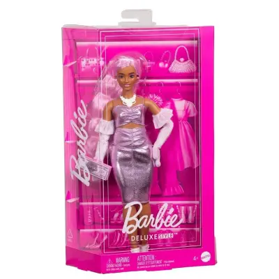 Barbie Deluxe Style Rosa hår med metallicklänning - Barbie -  Leksaksaffären