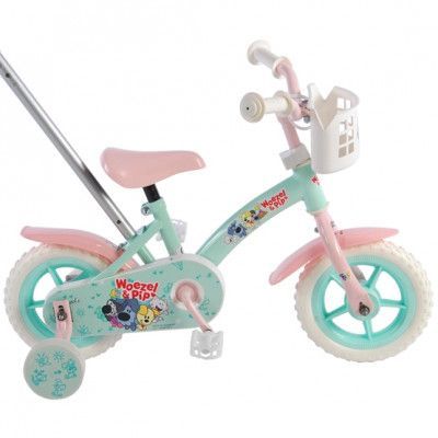 Barncykel Volare Woezel&Pip 10 tum - Stödhjul, styrstång (Mintblå/Ljusrosa)