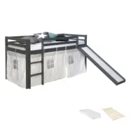 Homestyle4u Loftsäng Grå Med Gardin, Madrass Och Rutschkana 90x200 Cm - Stjärnor