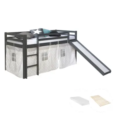 Homestyle4u Loftsäng Grå Med Gardin, Madrass Och Rutschkana 90x200 Cm - Stjärnor