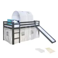 Homestyle4u Loftsäng Grå Med Gardin, Madrass, Tunnel Och Rutschkana 90x200 Cm - Stjärnor