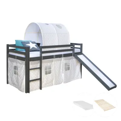 Homestyle4u Loftsäng Grå Med Gardin, Madrass, Tunnel Och Rutschkana 90x200 Cm - Stjärnor