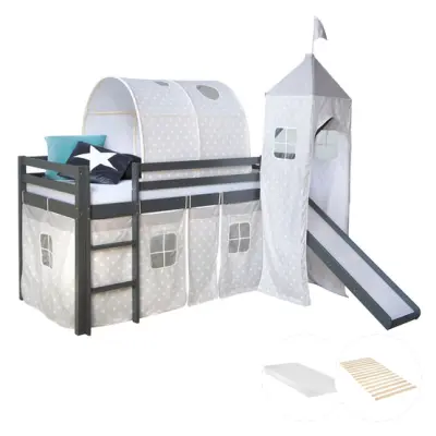 Homestyle4u Loftsäng Grå Med Gardin, Madrass, Tunnel, Torn Och Rutschkana 90x200 Cm - Stjärnor