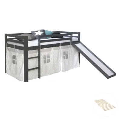 Homestyle4u Loftsäng Grå Med Gardin Och Rutschkana 90x200 Cm - Stjärnor