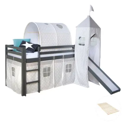 Homestyle4u Loftsäng Grå Med Gardin, Tunnel, Torn Och Rutschkana 90x200 Cm - Stjärnor