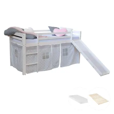 Homestyle4u Loftsäng Med Gardin, Rutschkana Och Madrass  90x200 Cm - Grå Stjärnor