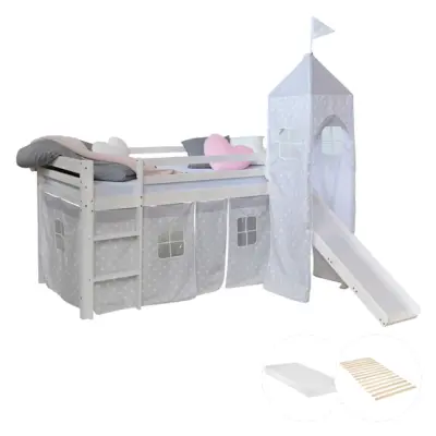 Homestyle4u Loftsäng Med Gardin, Rutschkana, Torn Och Madrass  90x200 Cm - Grå Stjärnor