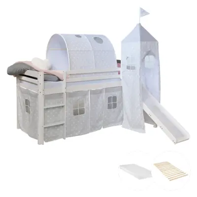 Homestyle4u Loftsäng Med Gardin, Rutschkana, Tunnel, Torn Och Madrass  90x200 Cm - Grå Stjärnor