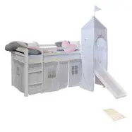 Homestyle4u Loftsäng Med Gardin, Torn Och Rutchkana  90x200 Cm - Grå Stjärnor