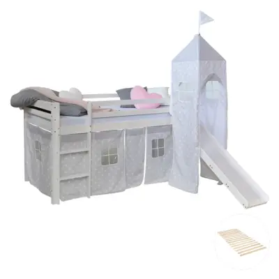 Homestyle4u Loftsäng Med Gardin, Torn Och Rutchkana  90x200 Cm - Grå Stjärnor