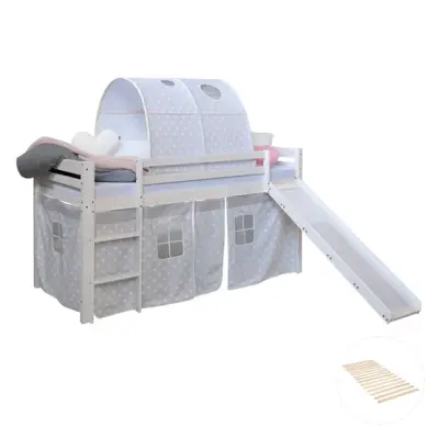 Homestyle4u Loftsäng Med Gardin, Tunnel Och Rutchkana  90x200 Cm - Grå Stjärnor