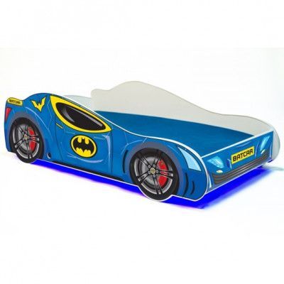 KOBI Barnsäng - Batcar Med Ledljus Och Madrass - 140 x 70 Cm
