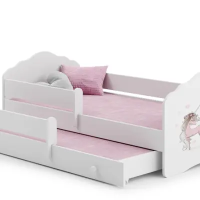 KOBI Barnsäng - Fala Med Madrass, Skyddskant Och Extrasäng - Girl With Unicorns - 140 x 70 Cm