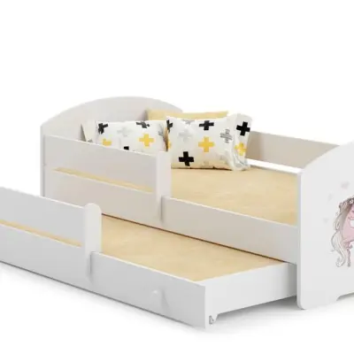 KOBI Barnsäng - Luk Med Madrass, Skyddskant Och Extrasäng - Girl With Unicorns - 160 x 80 Cm