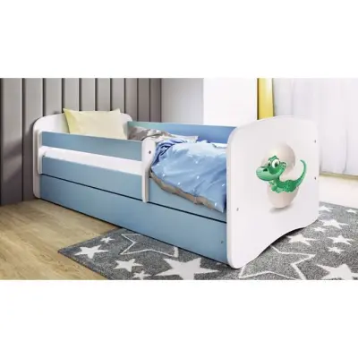 Kocot Kids Barnsäng - Babydreams Blå - Dinosaur Med Låda Och Madrass 140x70 Cm