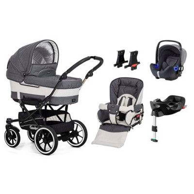 Emmaljunga Mondial de Luxe duovagn + Britax Baby-Safe2 + bas, valfri färg
