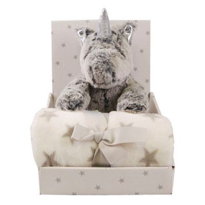 Carlobaby fleecefilt med gosedjur, enhörning grå