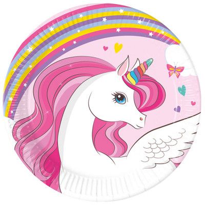 Enhörning Regnbåge Pappersassietter 20 cm 8-pack