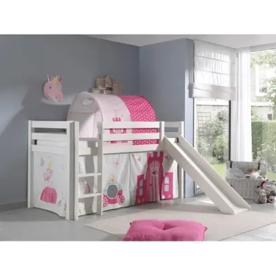 Vipack Miniloftsäng Vit Med Gardin, Rutschkana Och Tunnel - Princess