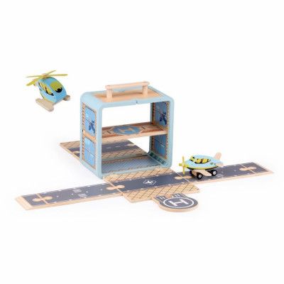 Flygplats i trä med flygplan och helikopter