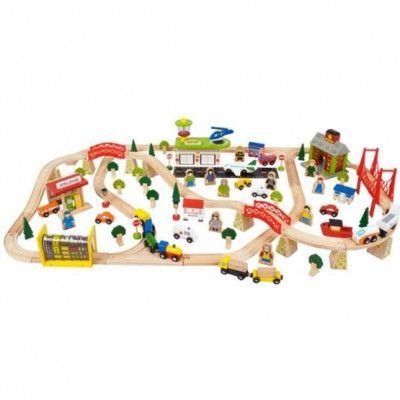 Bigjigs - Tågbana - Tågspår Med Fordon Och Byggnader