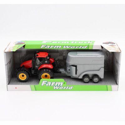 Traktor röd med hästtransport