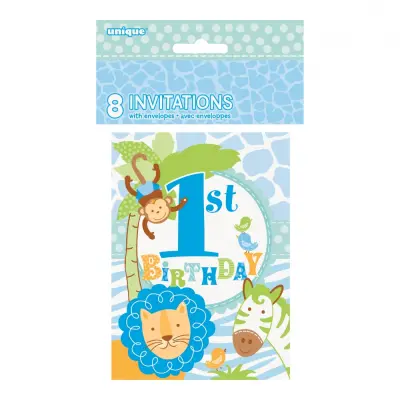 Inbjudningskort 1-årskalas Blå - 8-pack