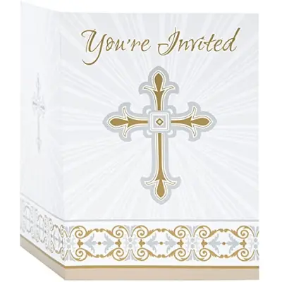 Inbjudningskort dop i guld 8-pack