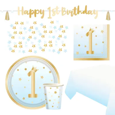 Kalaspaket Happy 1st Birthday Blå - 8 personer