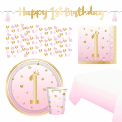 Kalaspaket Happy 1st Birthday Rosa - 8 personer