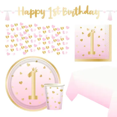 Kalaspaket Happy 1st Birthday Rosa - 8 personer