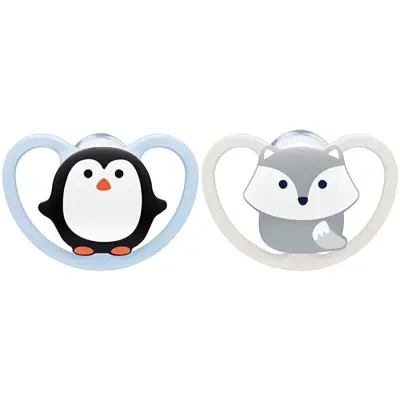NUK napp Pacifier Space Silicon 2-pack 0-6 mån, blå/vit