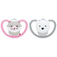 NUK napp Space silikon 2-pack 0-6 mån, katt/isbjörn