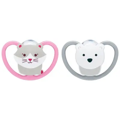 NUK napp Space silikon 2-pack 0-6 mån, katt/isbjörn