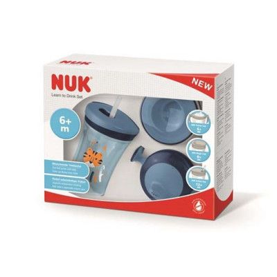 NUK Learn To Drink set (med 3 olika lock) 230 ml, blå