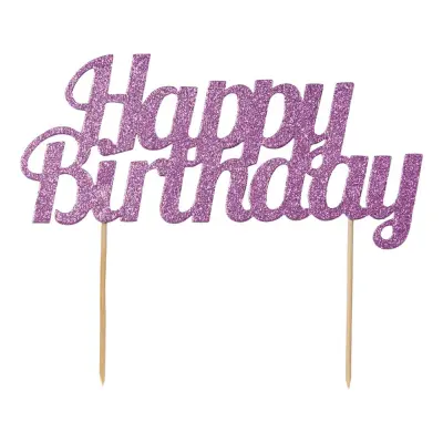 Cake Topper Happy Birthday Rosa/Glitter - 1-pack