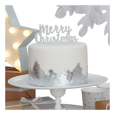 Merry Christmas Tårtdekoration Silver Glitter
