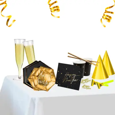 Nyår Dukningspaket Guld/Svart - 6 personer Dukningspaket