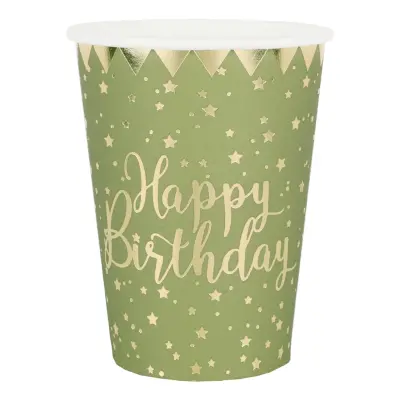 Pappersmuggar Happy Birthday Guld/Grön - 10-pack