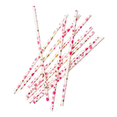 Papperssugrör Rosa/Guld Prickar - 24-pack
