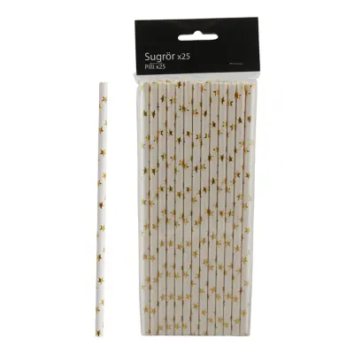 Papperssugrör Vita med Guldstjärnor - 25-pack