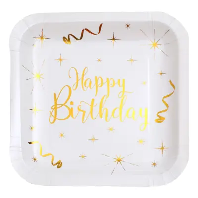 Papperstallrikar Happy Birthday Vit/Guld - 10-pack