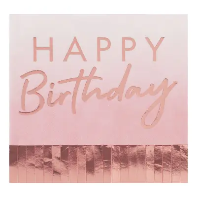 Servetter Happy Birthday med Fransar Rosa/Roséguld
