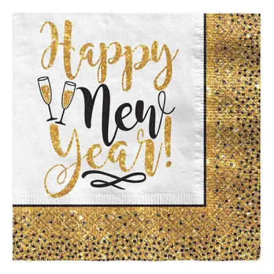Servetter Happy New Year Glitterguld - 36-pack