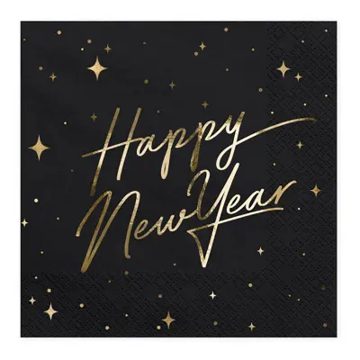 Servetter Happy New Year Guld Metallic/Svart - 20-pack