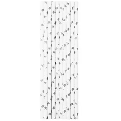 Sugrör Stjärnor Vit&Silver 10-pack